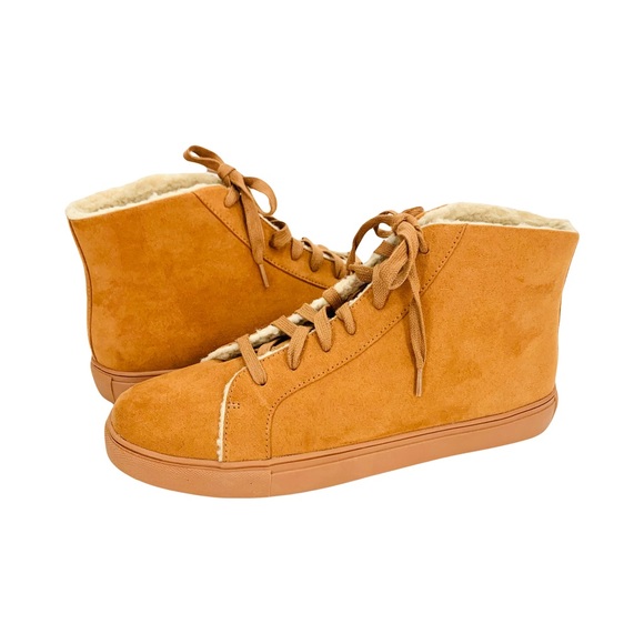 Loft Brown Vegan Suede Lace Up Ankle Boots Sneakers w/ Faux Fur Lining Size 10 - Picture 1 of 7